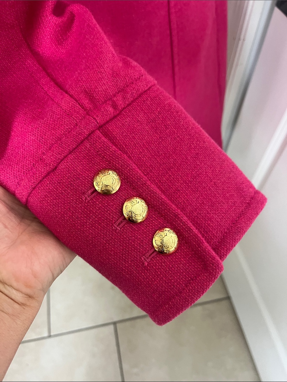NWT Talbots bright pink wool blend, structured pea coat gold buttons 8P - Picture 4 of 11